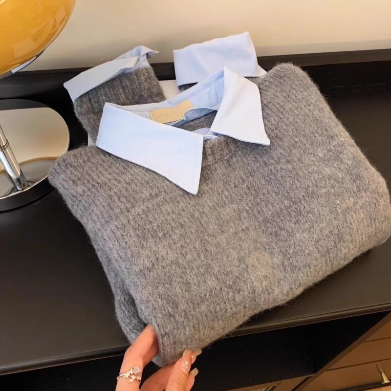 Women's Elegant Fake Two-Piece Sweater, Collared Long Sleeve Pullover With Button Detail For Versatile Layering