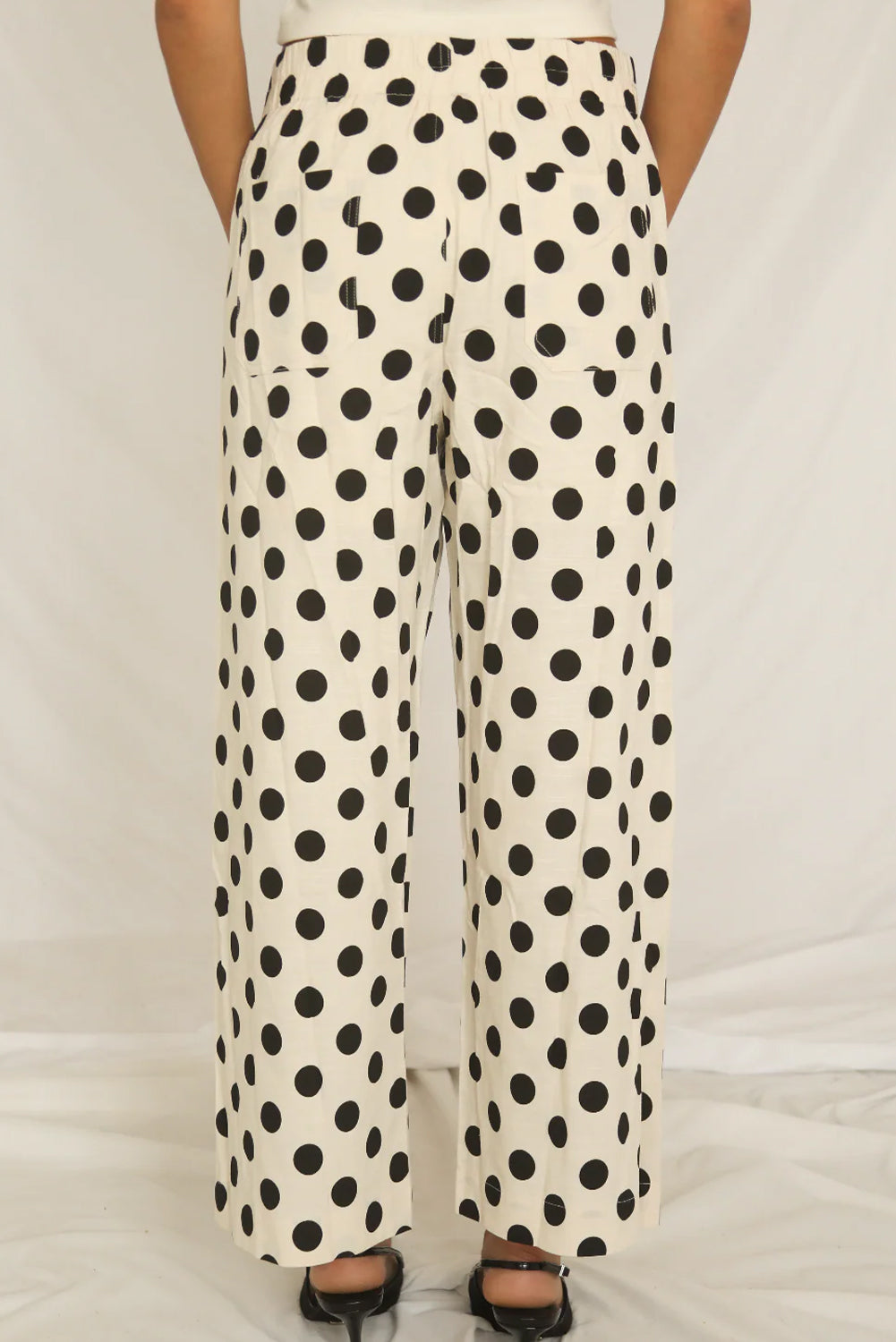 Black Polka Dot Print Patched Pocket Mid-rise Straight Leg Pants