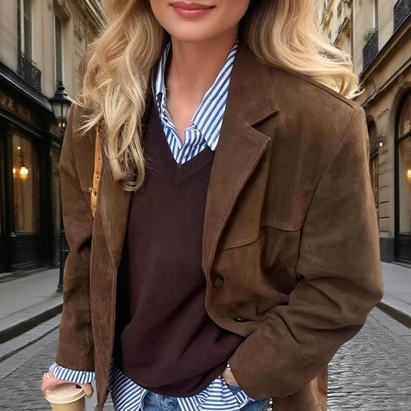 Women's Suede-Look Blazer Jacket, Classic V-Notch Lapel Button Front Coat, Machine Washable Versatile Casual Jacket