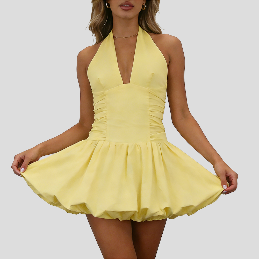 Women's Fashion Deep V Backless Halter Neck Tie Ribbon Bow Bubble Mini Dress