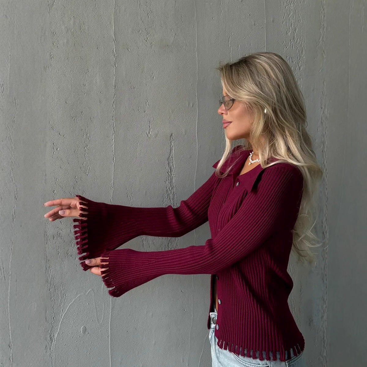 Button-front Long-sleeve Fringed Knit Sweater For Women