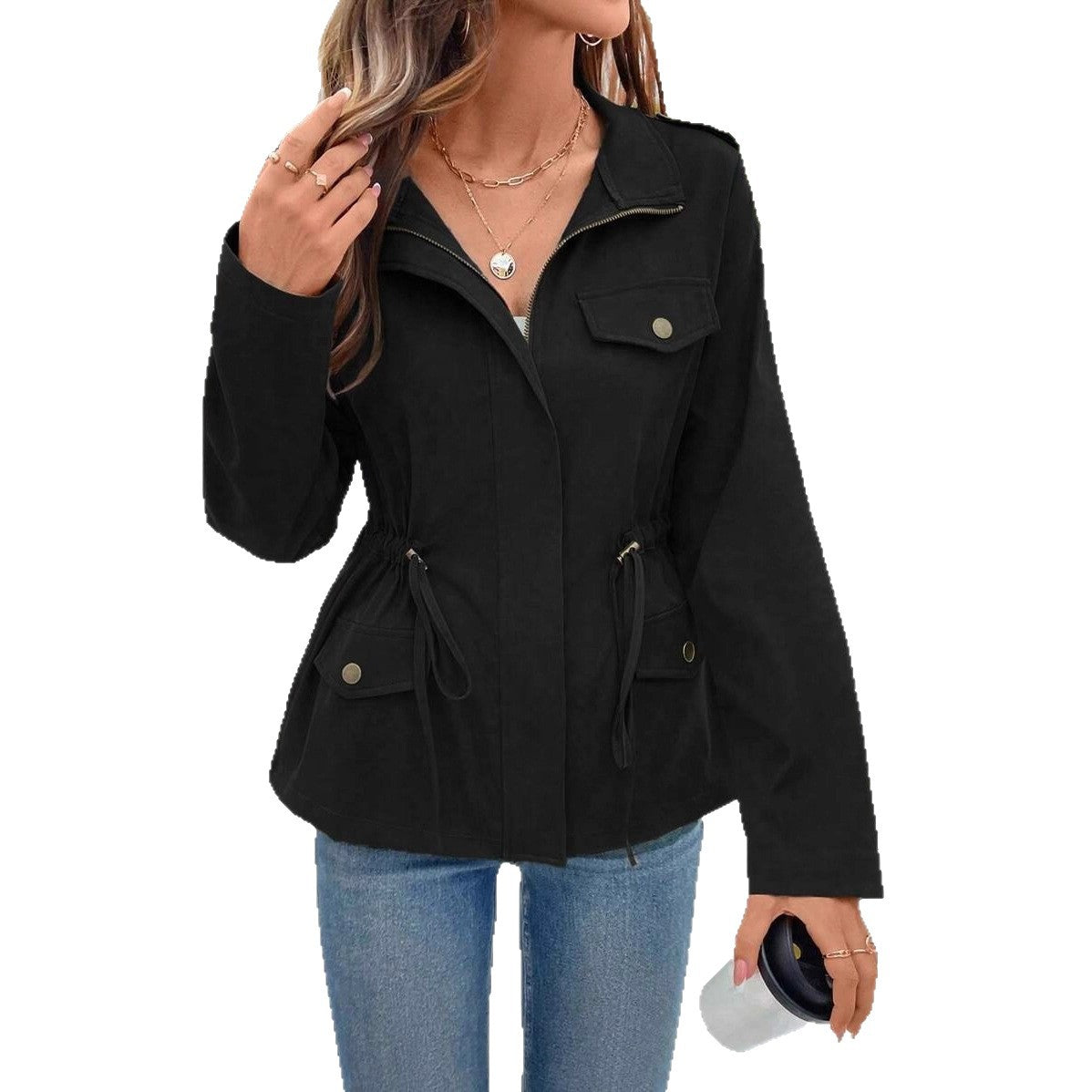 Solid Color Long Sleeve Casual Drawstring Waist Jacket Women