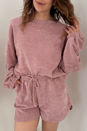 Fushia Solid Color Textured Knit Drop Shoulder Pullover Drawstring Shorts Set