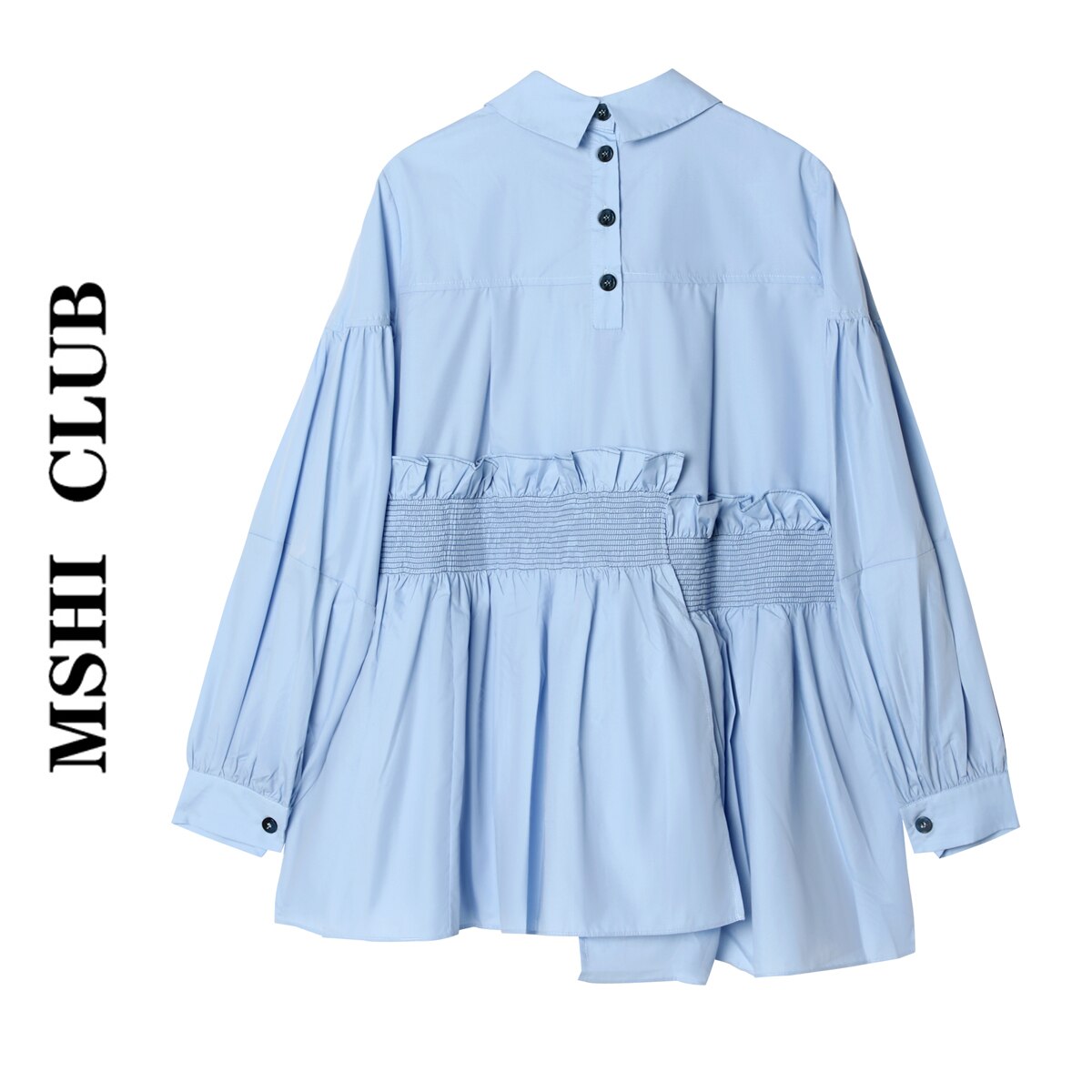 Slim Irregular Fold Blue Shirts Women's Spring Full Loose Turn-down Collar Casual Blouse