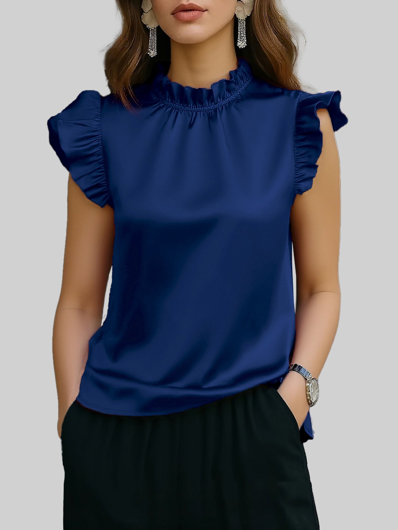 Stylish Sleeveless Top With Elegant Ruffled Sleevesversatile And Perfect For The Office
