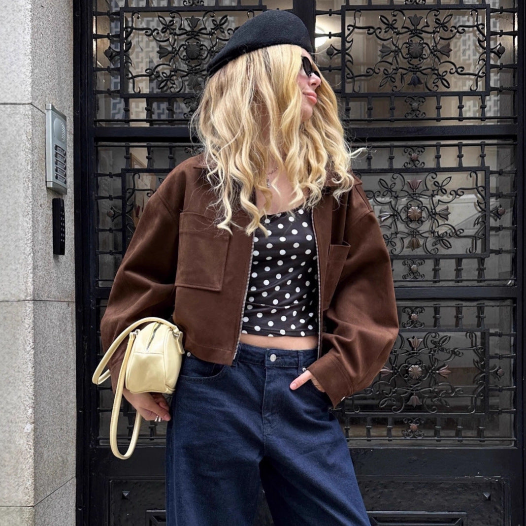 Brown Fashion Long Sleeve Suede Jacket