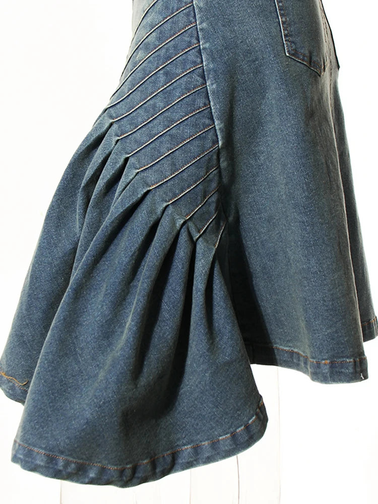 Design sense niche fishtail skirt half length skirt for women versatile high waisted denim pleated wrap hip skirt