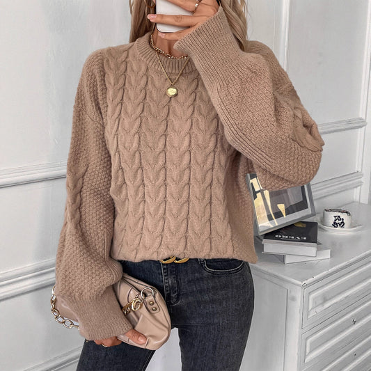 Women's Round Neck Solid Color Twist Casual Loose Sweater
