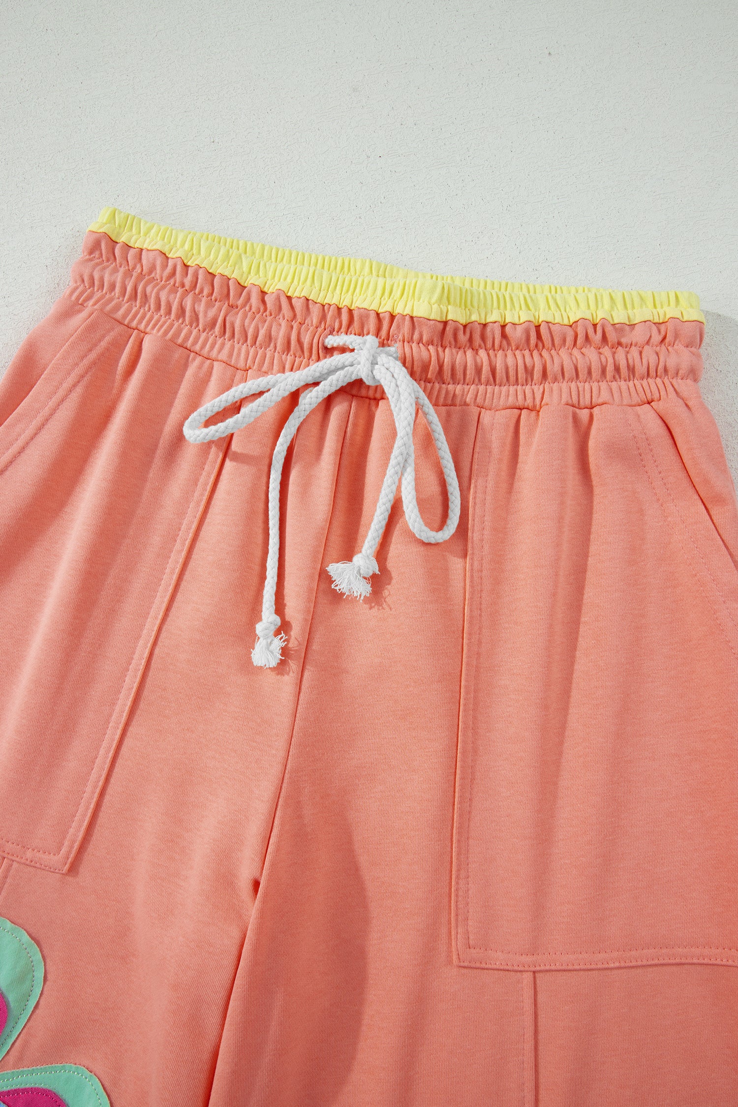 Sky Blue Color Block Flower Patchwork Drawstring Contrasted Elastic Waist Wide Leg Pants