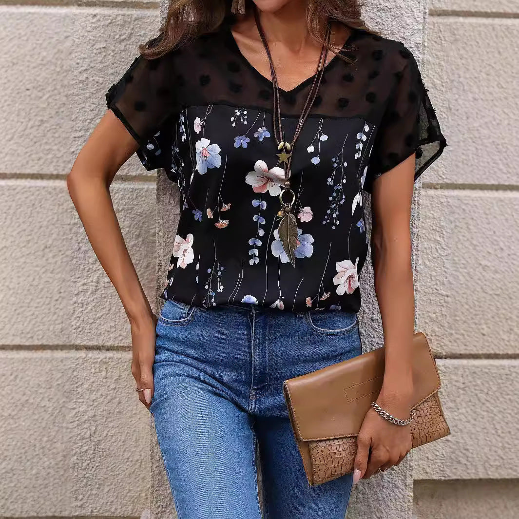 Fashionable New V-neck Printed Lace-panel Short-sleeve TopT-shirt