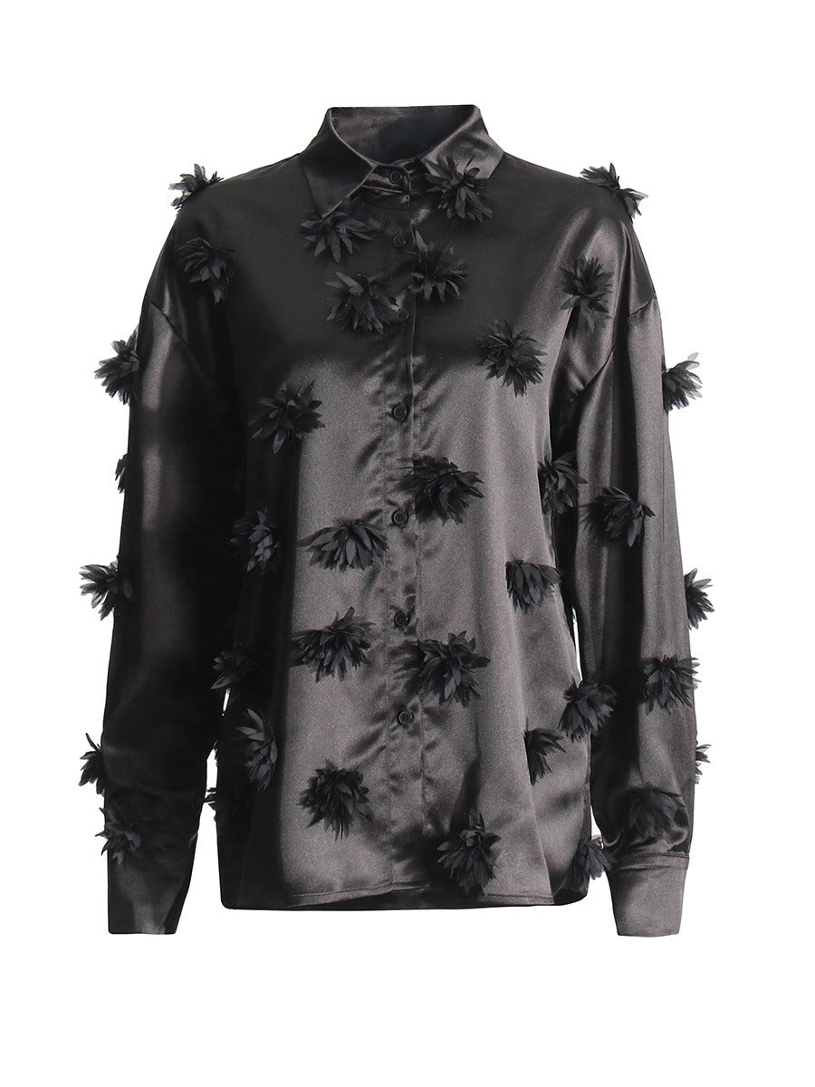 Elegant style three-dimensional flower patchwork design shirt loose versatile shirt top for women