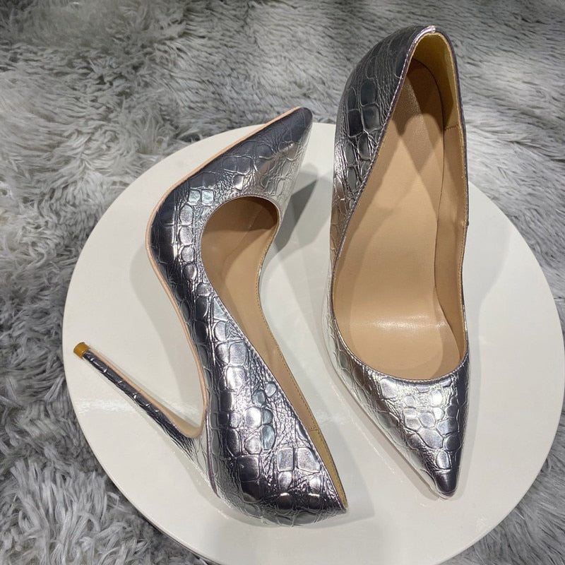 Silver Crocodile-Effect Women Sexy Pumps 8cm 10cm 12cm Pointed Toe High Heels Fashion Ladies Wedding Shoes Size 33-45