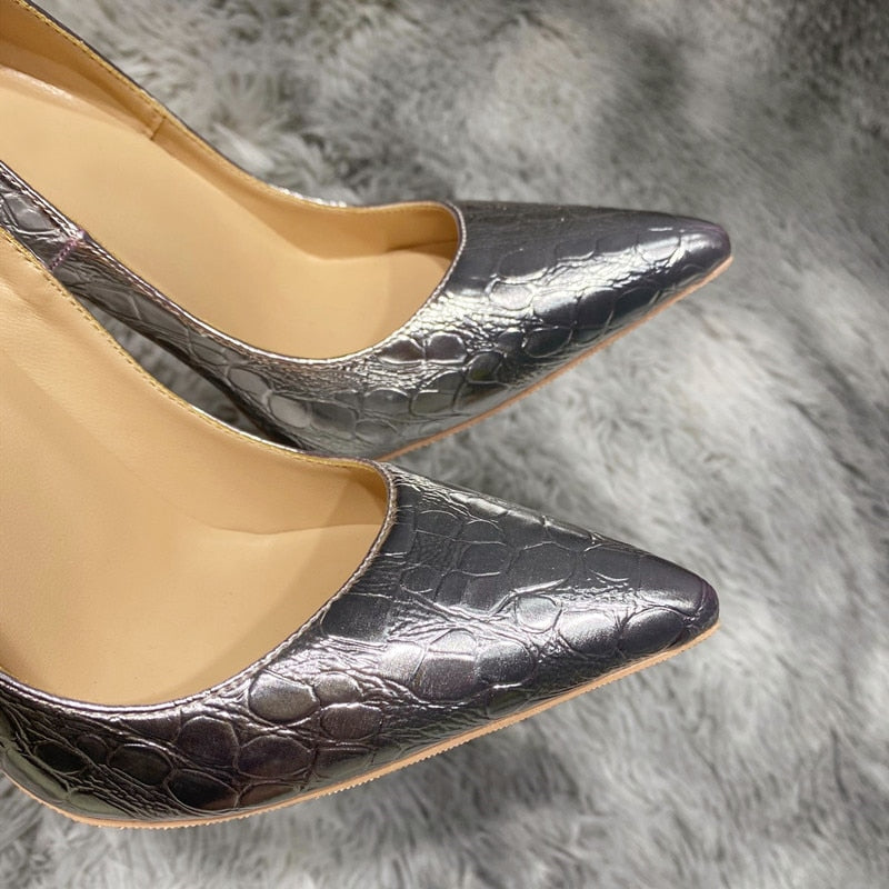 Silver Crocodile-Effect Women Sexy Pumps 8cm 10cm 12cm Pointed Toe High Heels Fashion Ladies Wedding Shoes Size 33-45
