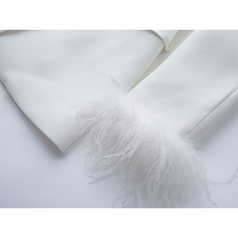 Autumn and Winter Color Tee Collar Splice Suit Coat Feather Decorative Straight Trousers Two Piece Set