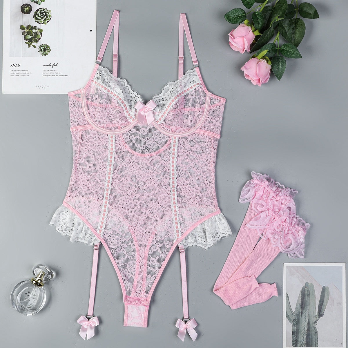 Pink Cute Lace Trim Elastic Fitted Jumpsuit  Women's Sexy Strap Inner Wear Tights