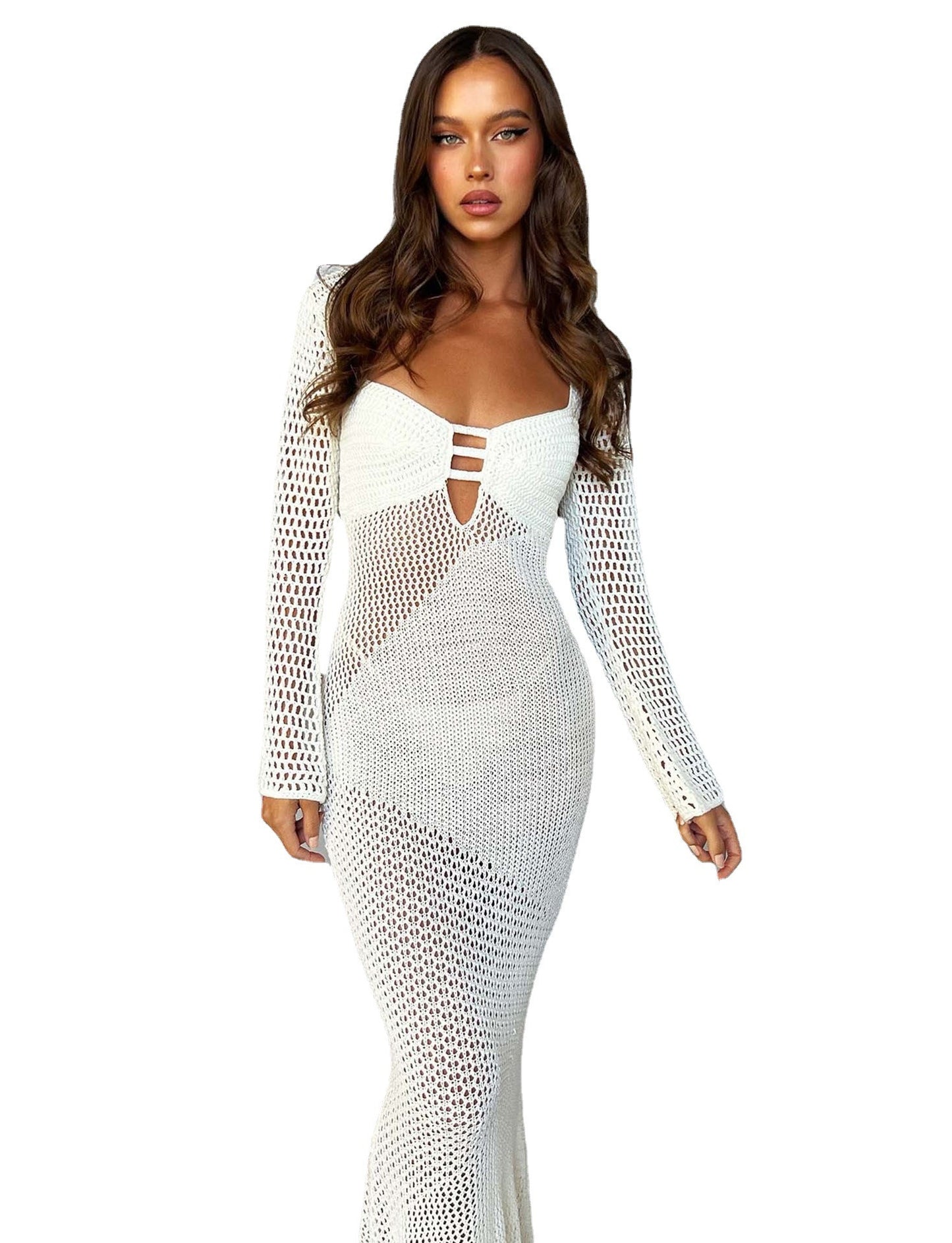 New hollow out long sleeved knitted low cut sexy backless dress