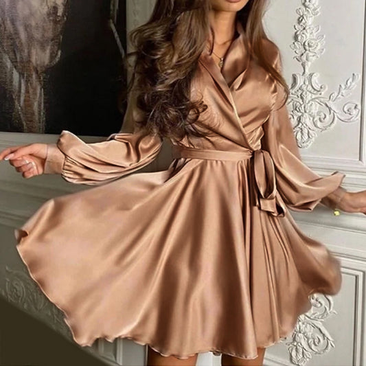 Sexy V-neck solid color A-line long swing small lantern sleeve belt short dress