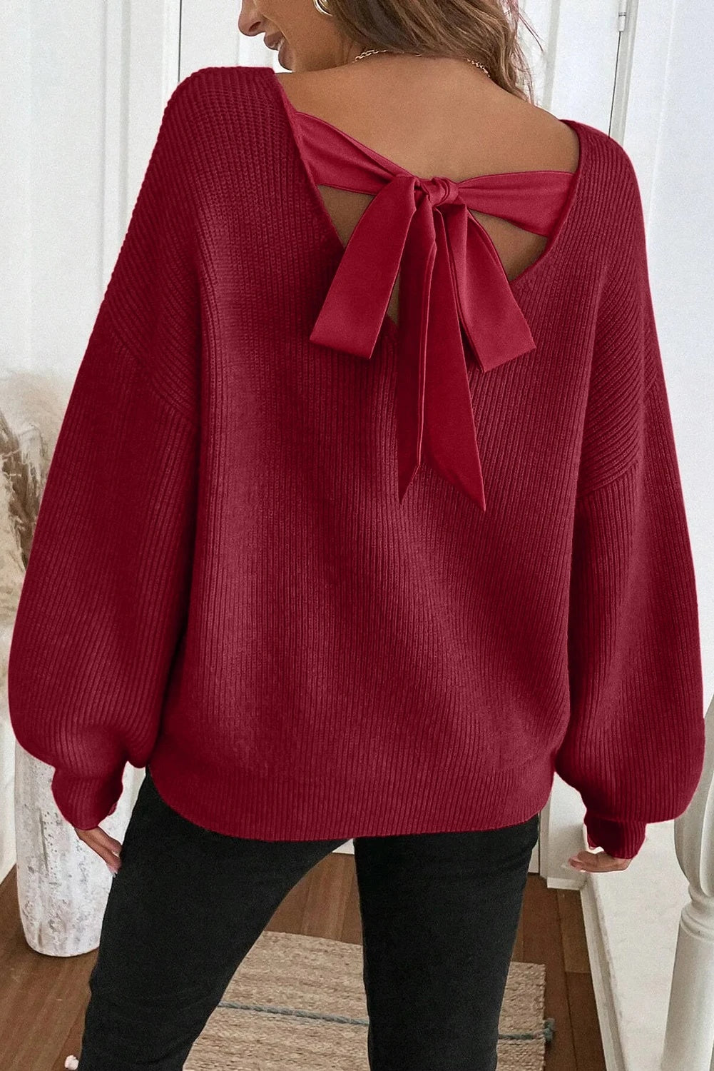 Women's Knitted Backless Bow Drop-shoulder Sweater