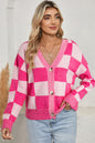 Black Checkered Drop Shoulder Buttoned V Neck Cardigan