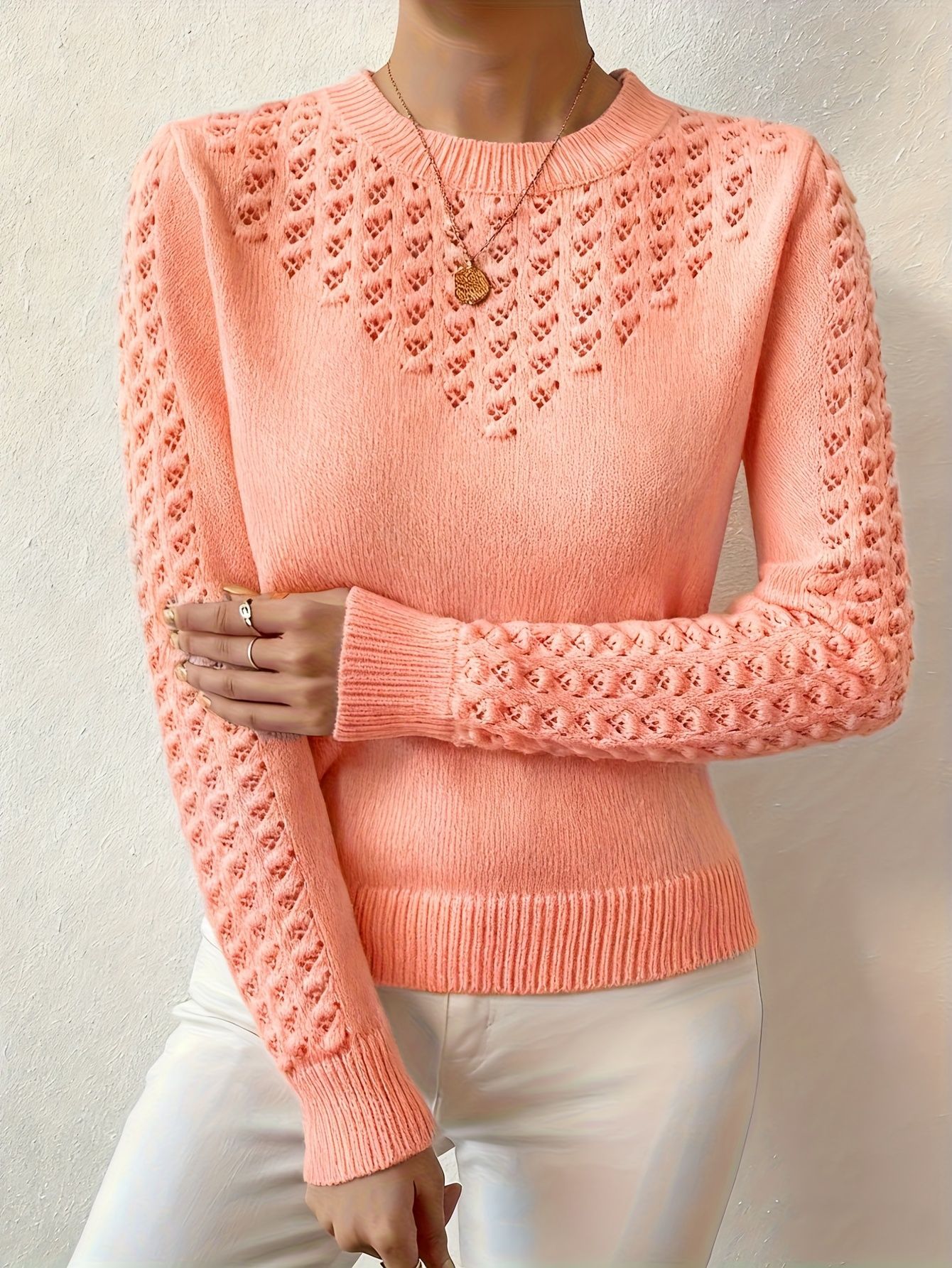 Womens Hollow-Out Knitted Sweater With A Crew Neck And Long Sleeves, Slim-Fit Design