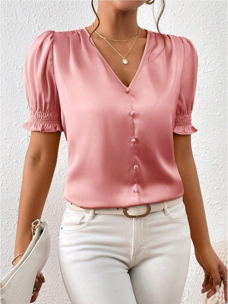 New Satin V-neck Buttons Casual Short-sleeved Ruffled Blouse