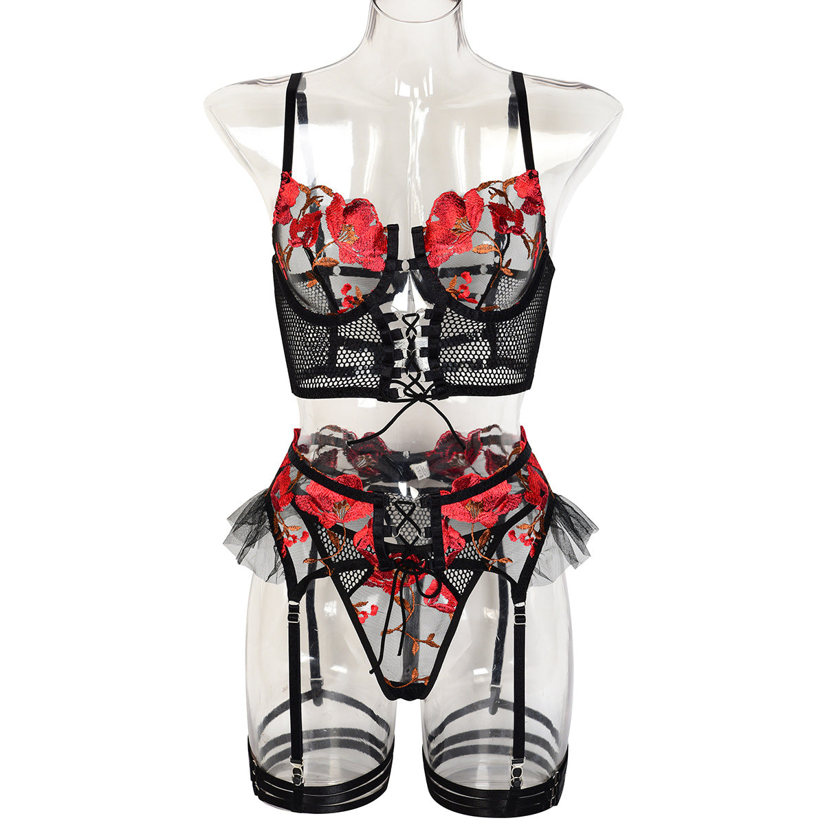 Womens Lingerie Set Cross-Tie Hollow-Out Mesh 4-Piece Set