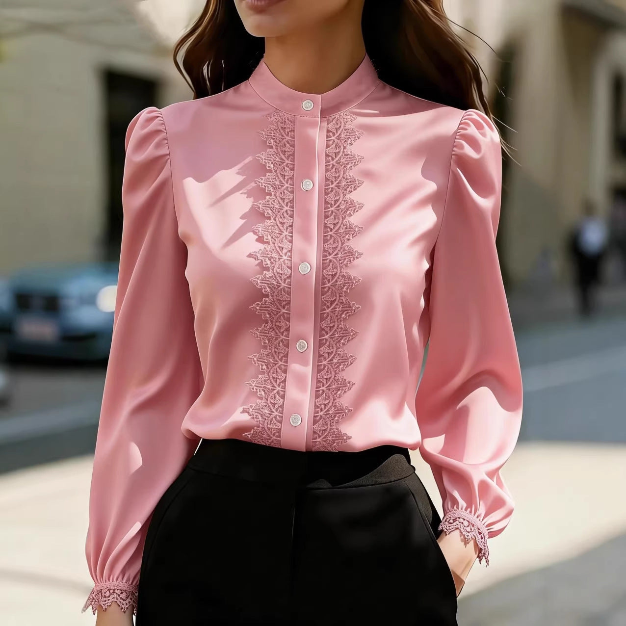 Satin Lace-Patchwork Stand-Collar Shirt Top For Women