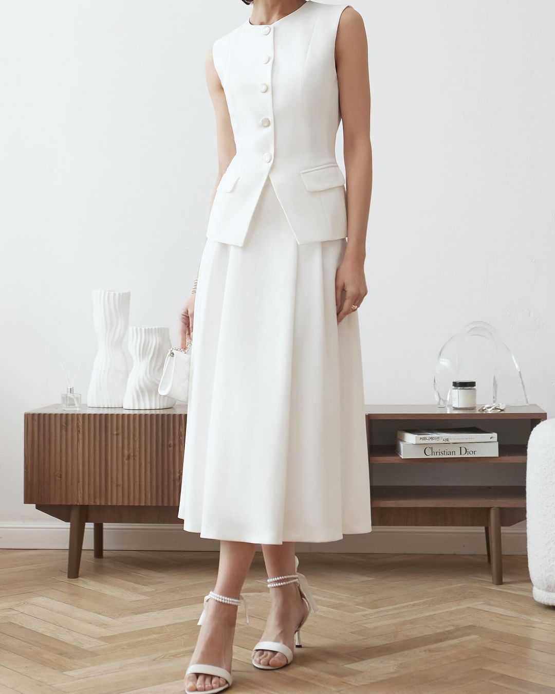 Button Sleeveless Suit Vest High Waist Skirt