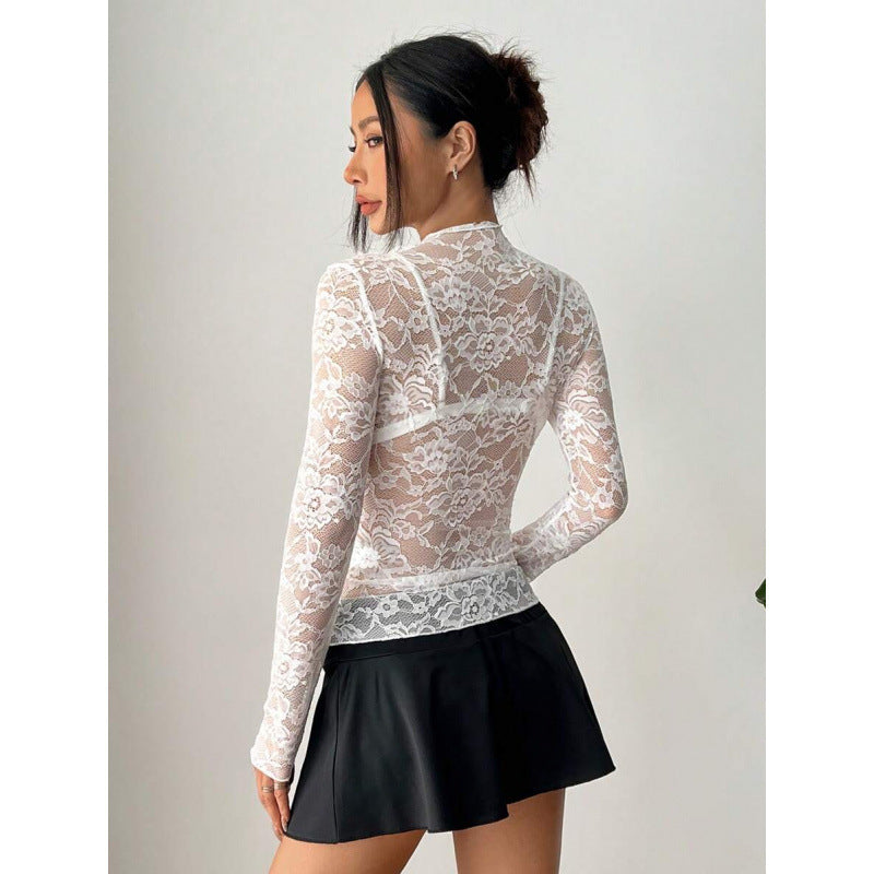 Women's Lace Elastic Peony Print Sheer Sexy Top