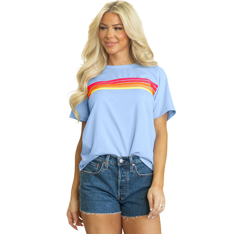 Casual All-matching Striped Contrast Color Women's T-shirt
