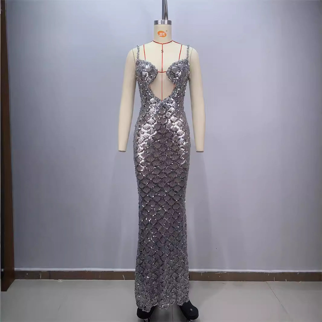 Fashion Backless V Sequined Suspender Ruffled Long Sheath Dress