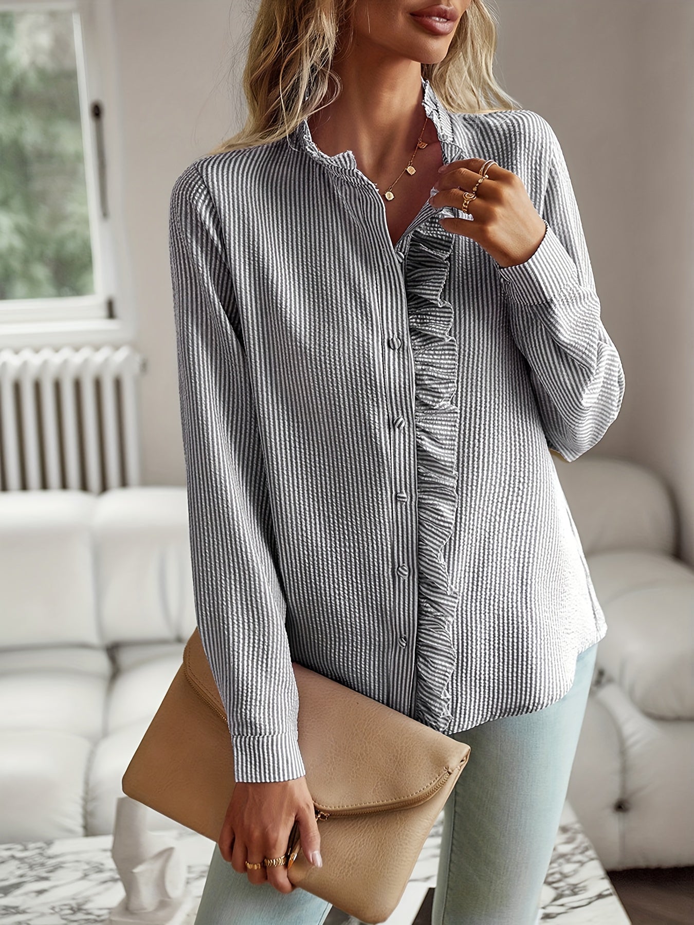 2026 New Western Style Cross-border Stand Collar Autumn Ruffled Cardigan Ruffle Long Sleeve Bubble Top Women's Shirt