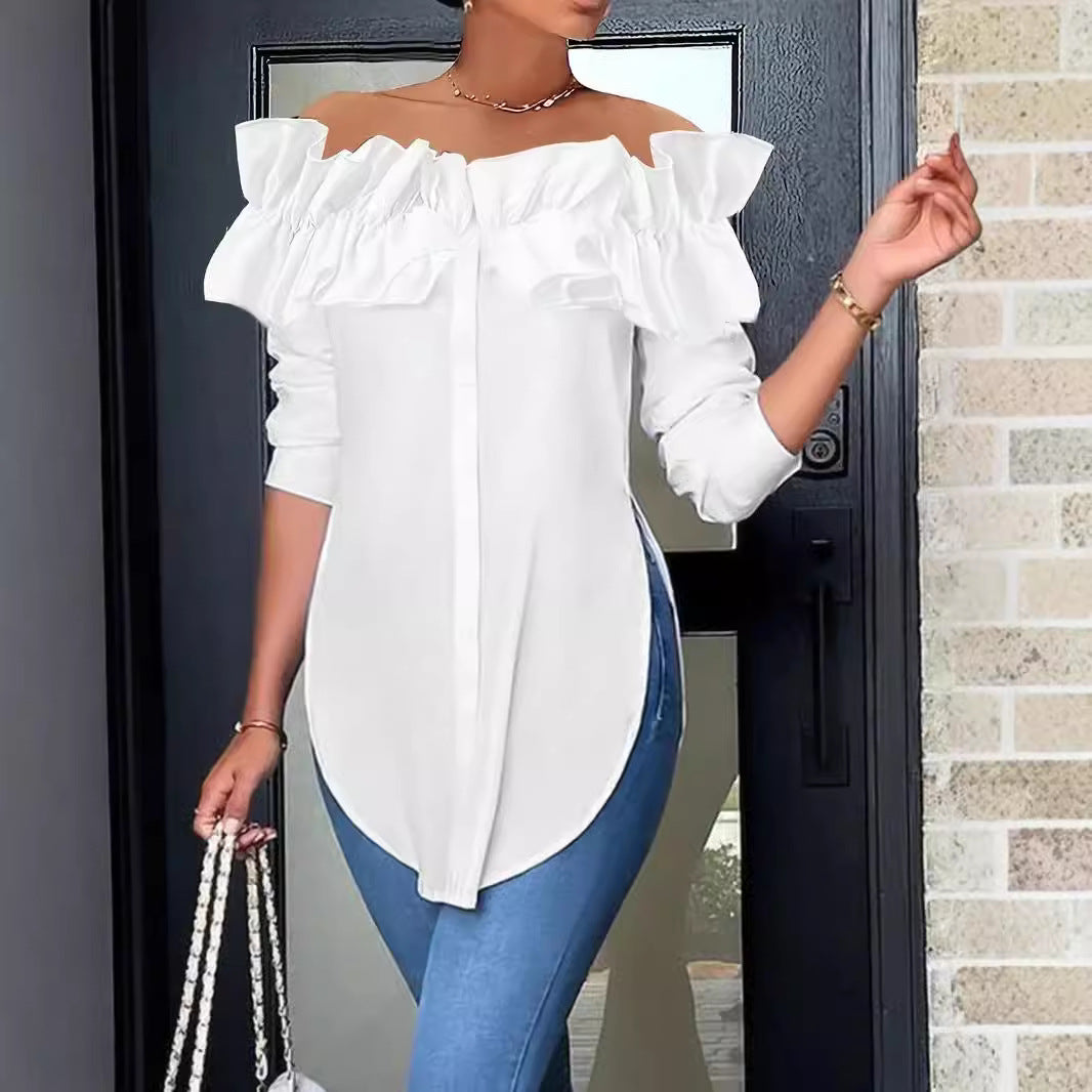 Simple Solid-Color Off-the-Shoulder Ruffle-Trim Shirt Top