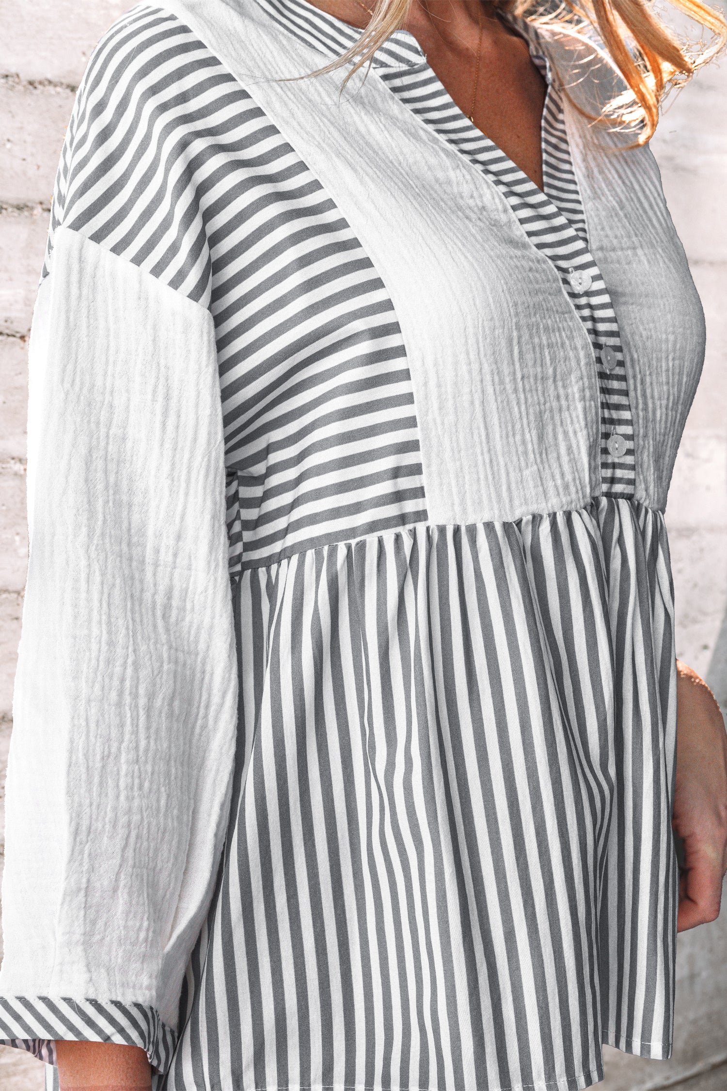 Gray Stripe Half Button Gauze Patchwork Bracelet Sleeve Babydoll Blouse