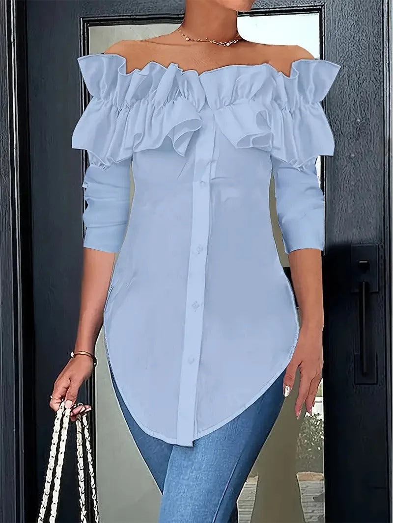 Simple Solid-Color Off-the-Shoulder Ruffle-Trim Shirt Top