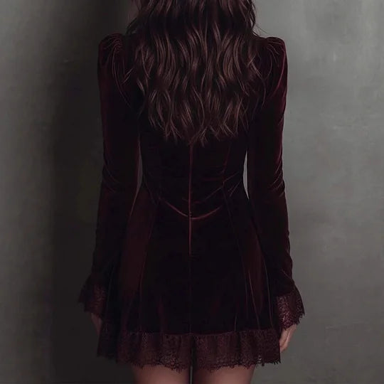 Deep Plum Velvet Lace Trimmed Bodycon Dress With Flared Hem