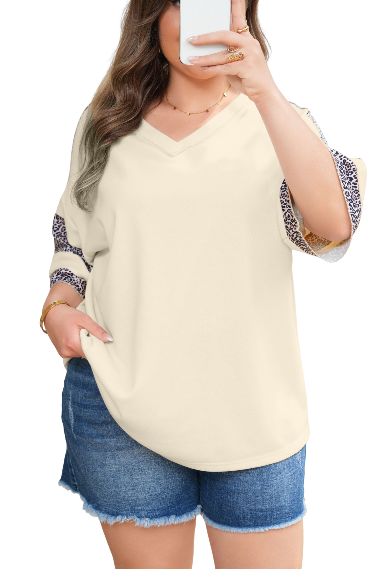 Apricot V Neck Exposed Seam Leopard Color Block Patchwork Half Sleeve Top