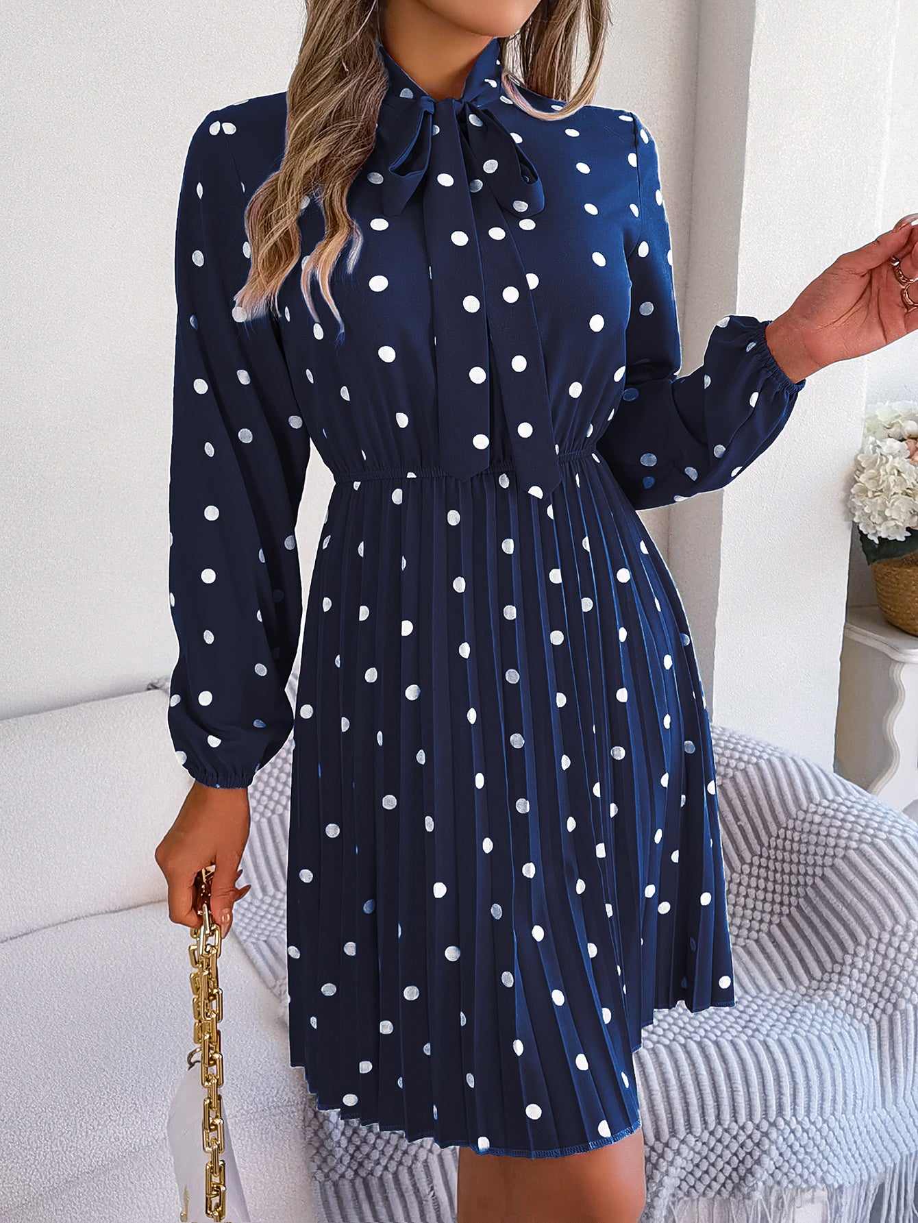 Women's Polka Dot Tie-Waist Long Sleeve Pleated Maxi Dress