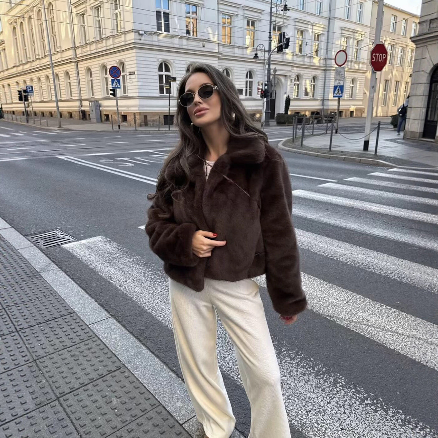 Artificial Fur Effect Lapel Loose Fashionable Jacket Women