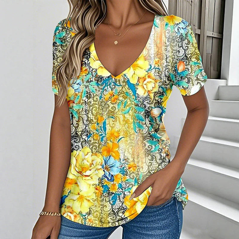 European American Summer New V-neck Floral Casual Short-sleeved Top