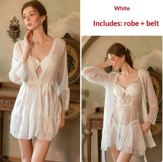 GuiRuo Lingerie Sweet Mesh Lace Polka-Dot Sheer Padded Sleep Dress Gown Womens Set