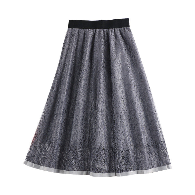 Spring And Summer Elastic High Waist Slimming Lace Crochet Hollow Large Swing A- Line Umbrella Skirt