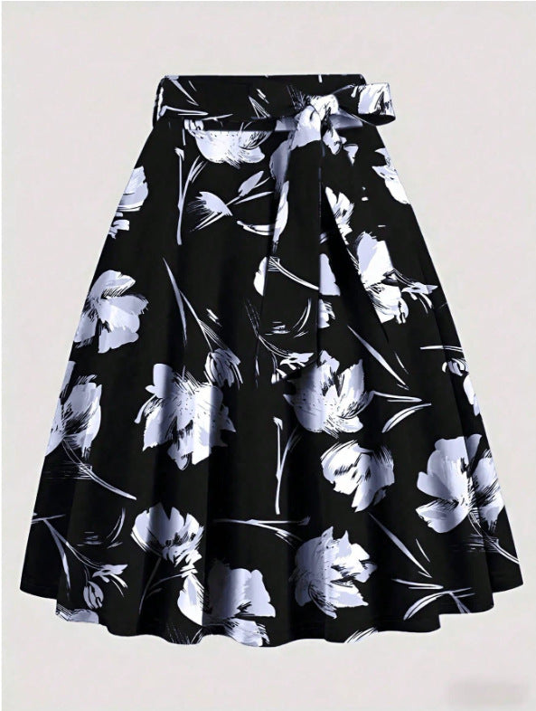 Black Floral Print Midi Skirt With Flower Pattern