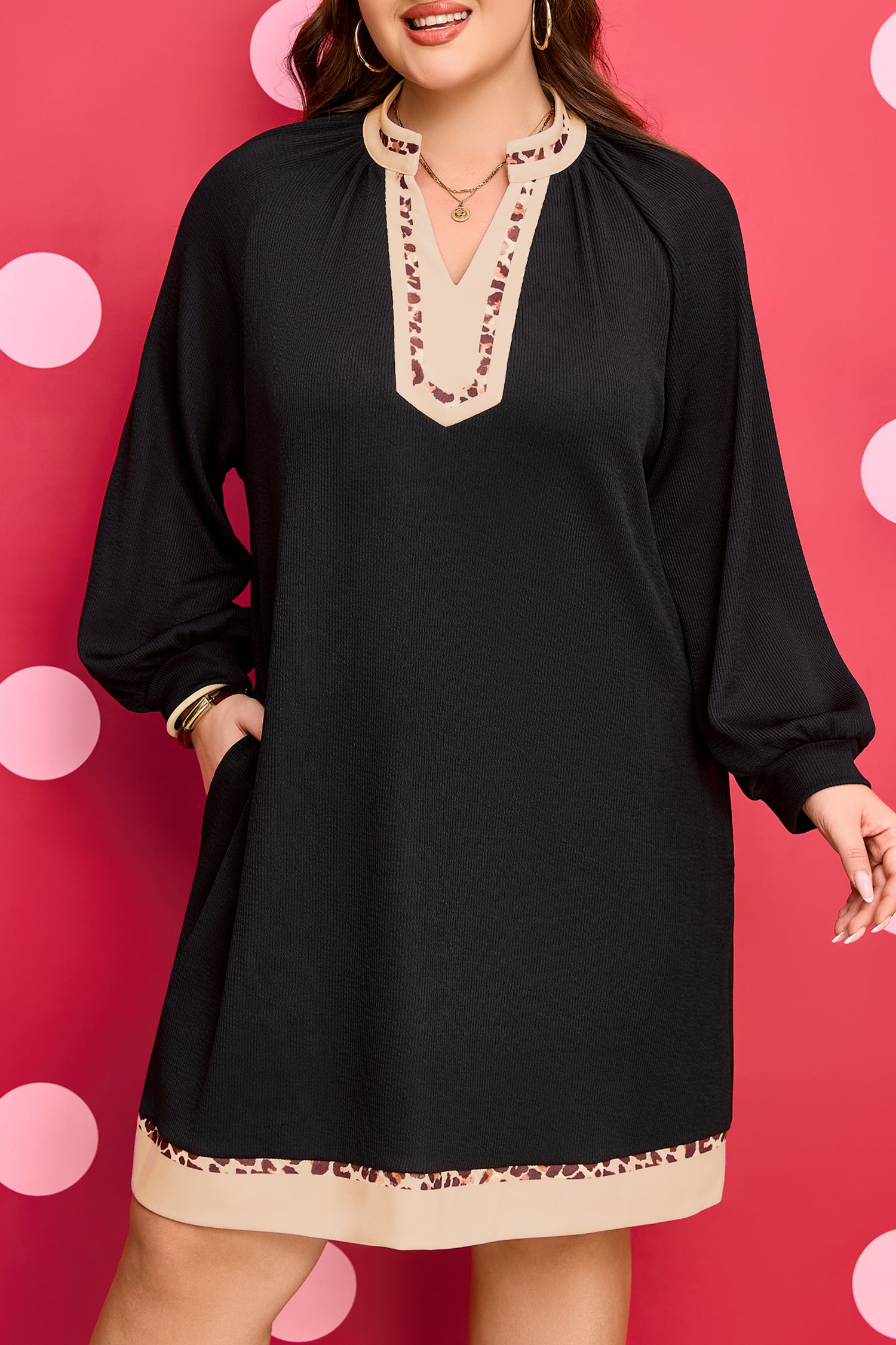 Black Contrast Color Block Leopard Trim Plus Size Ribbed Dress