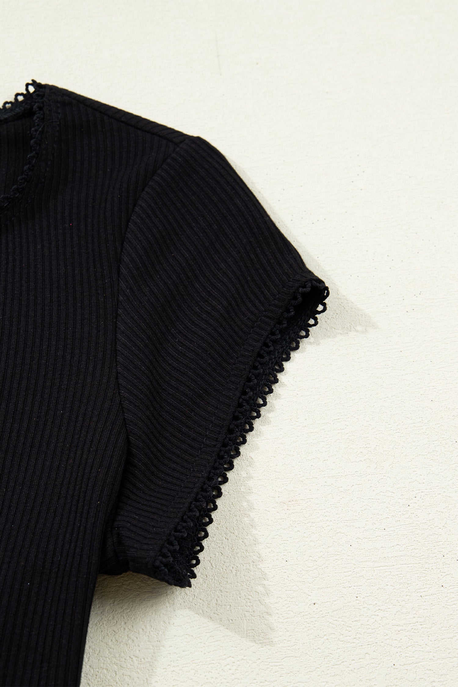 Black Solid Color Ribbed Knit Lace Trim Button Down Short Sleeve Top