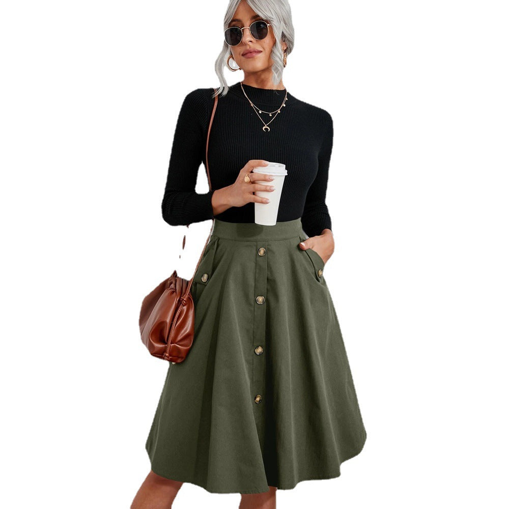 Women's Pocket Button Waist Elegant Midi Skirt