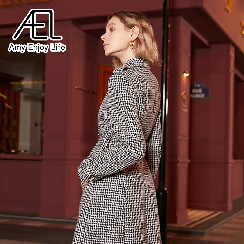 Winter Wool Long Coat Women Retro Houndstooth A-Line Trench Coats