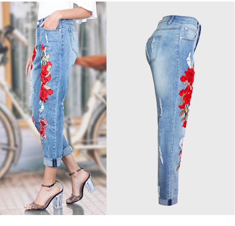 Women's Elastic Loose Jeans Women's Trousers Colorful Flowers 3D Three-Dimensional Embroidery Ripped Jeans