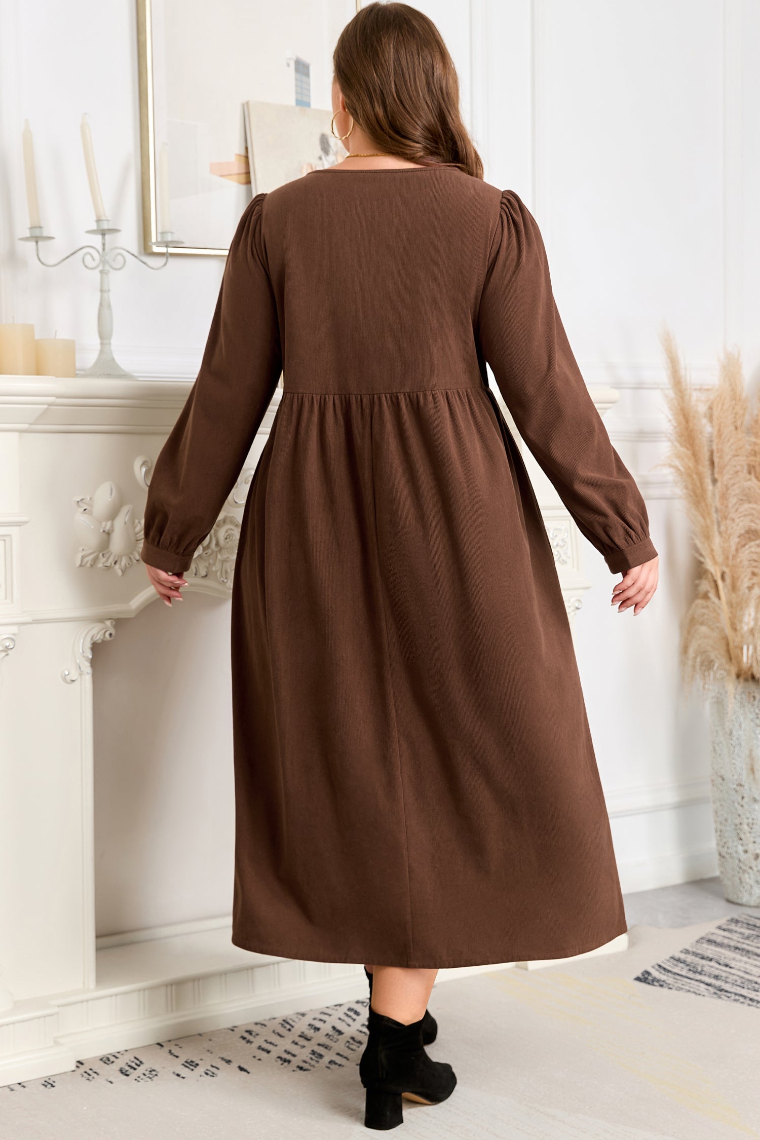 Coffee Embroidered Notched Neckline Textured Pleated High Waist Plus Size Midi Dress