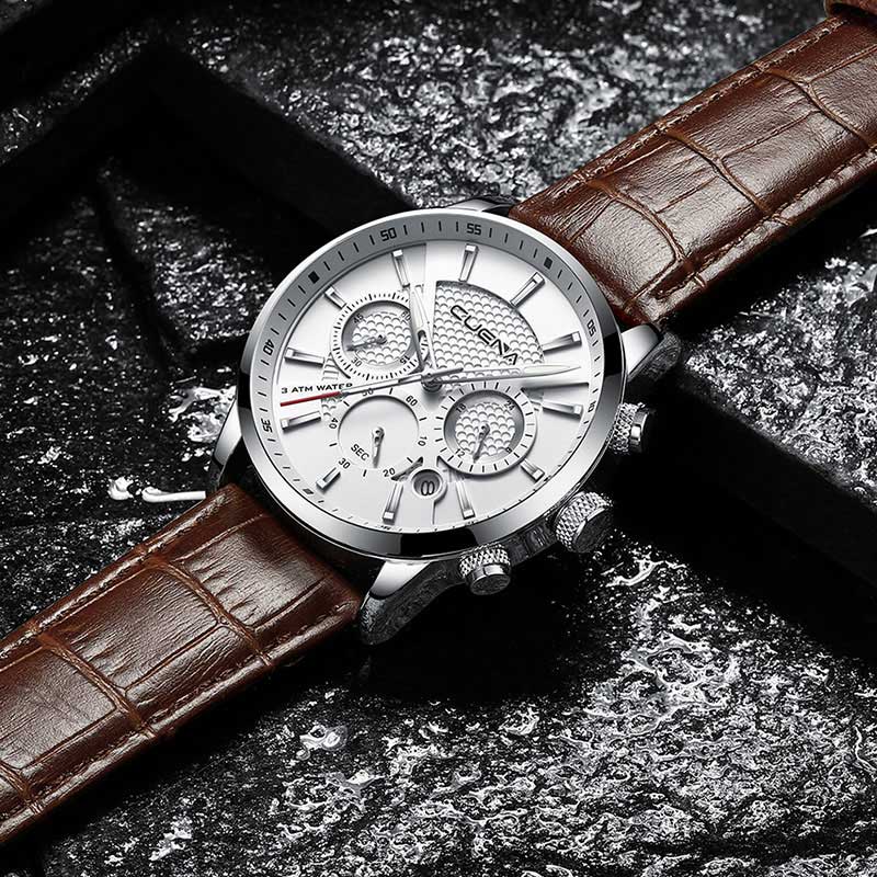 CUENA Men's Watches Stopwatch Date Luminous Hands Genuine Leather 30M Waterproof Clock Man Quartz Watches Men Fashion Watch